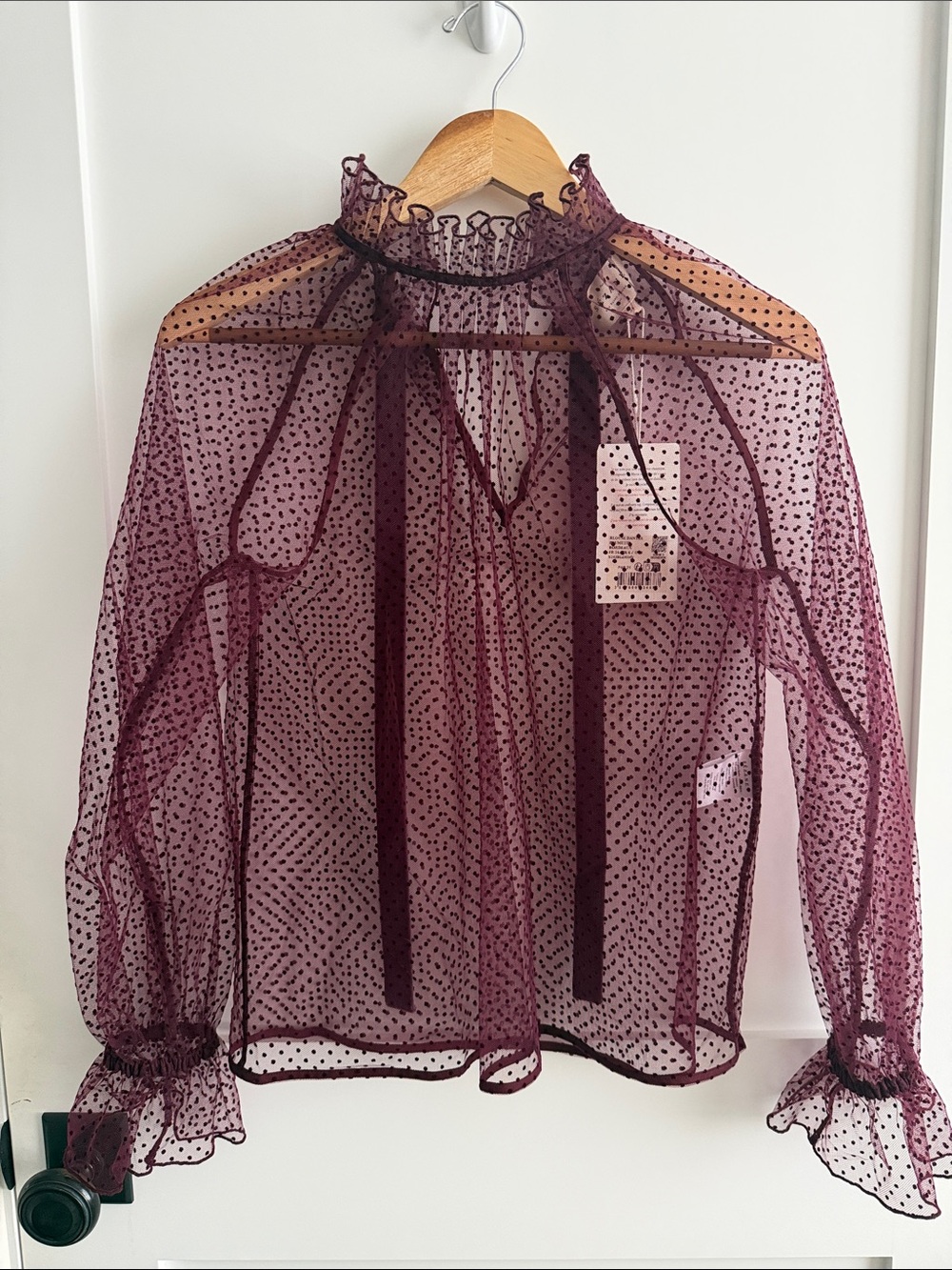 Sezane NWT Sheer Polka Dot Ruffle Neck Dantes Blouse - Wine size 34/US 4